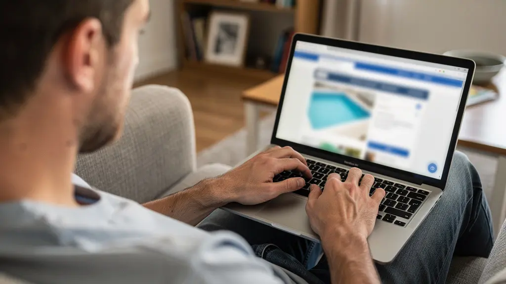 Personne consultant un site de vente équipement piscine sur ordinateur portable dans salon