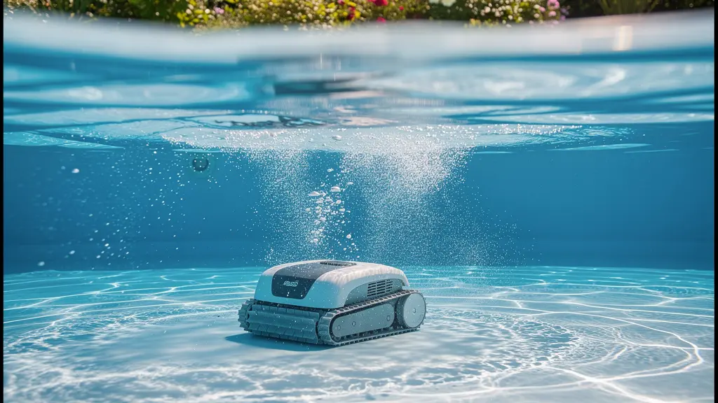 Robot nettoyeur autonome en fonctionnement au fond d'une piscine résidentielle